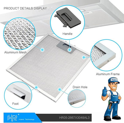 Upgraded W10169961A Range Hood Filter Replacement, Fits Whirlpool, Ikea, Kitchen Aid, Jenn Air, Aluminum Mesh Hood Grease Filter 10.5x12Inch, HR Huare Technology Aluminum Range Hood Vent Filters,1PCS