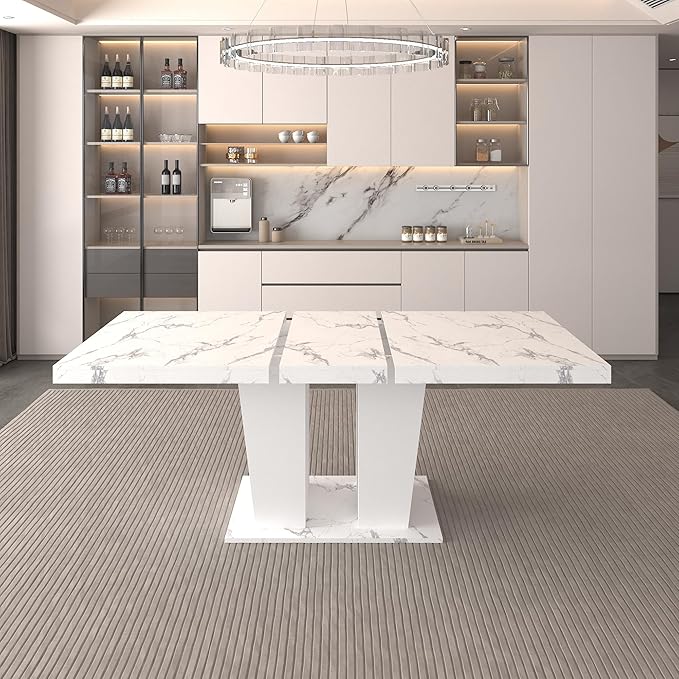 78" Dining Table for 4-10,Modern White Faux Marble Expandable Rectangular Kitchen Table,Long Dining Room Tables with Double Sturdy Pedestal Base for Kitchen Living Room (White Marble)