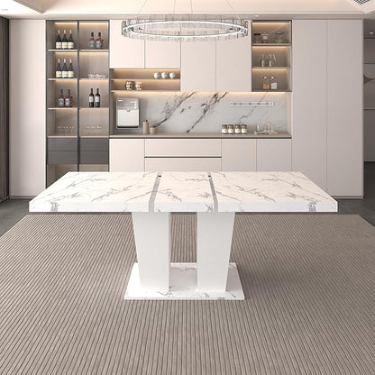 78" Dining Table for 4-10,Modern White Faux Marble Expandable Rectangular Kitchen Table,Long Dining Room Tables with Double Sturdy Pedestal Base for Kitchen Living Room (White Marble)