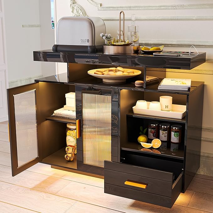 40" Wood LED Coffee Bar with Wireless Charging Station, Kitchen Storage Coffee Bar Cabinet with 2 Doors and 2 Shelves, RGB Modern Side Board Storage Cabinet for Kitchen(Black)