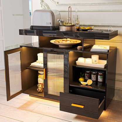 40" Wood LED Coffee Bar with Wireless Charging Station, Kitchen Storage Coffee Bar Cabinet with 2 Doors and 2 Shelves, RGB Modern Side Board Storage Cabinet for Kitchen(Black)