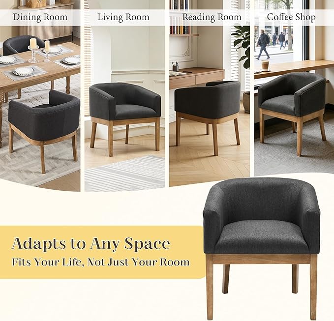 Barrel Dining Chairs Set of 4, Mid Century Modern Farmhouse Kitchen Chairs with Wood Legs, Linen Upholstered Accent Chair with Arms for Living Room/Bedroom, Grey