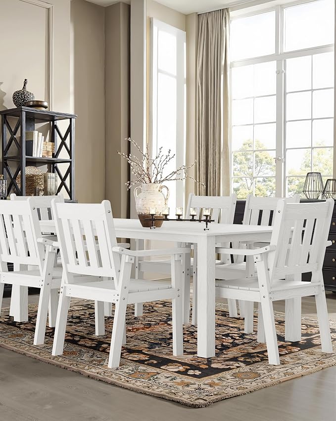 YEFU Outdoor Dining Table for 6: All Weather Rectangular Patio Table with Umbrella Hole and Aluminum Frame - Outdoor Furniture for Outside Backyard/Garden/Pool/Porch/Deck, 300lbs Capacity, White