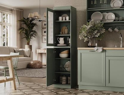 Palace Imports Solid Wood Kitchen Pantry - Narrow Storage Cabinet - 16.5" Wide x 71.5" Tall - 1 Raised Panel & 1 Frosted Glass Door, Sage, Adjustable Shelves, 100% Eco-Friendly Wood, Modular Cabinets