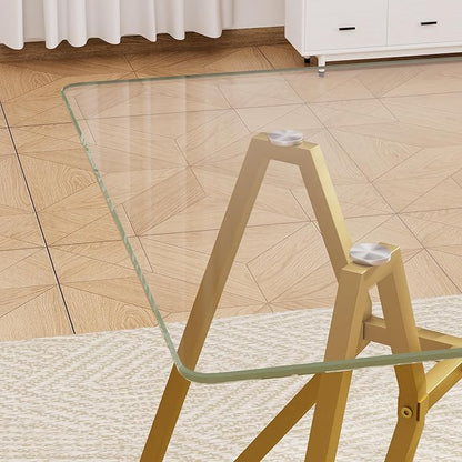 SSLine 35.4" Square Glass Dining Table for 2-4 Modern Clear Glass Tabletop Kitchen Table for 4 Luxury Dinner Tables with Gold Nest Metal Base for Home Kitchen Dining Room(Table Only)