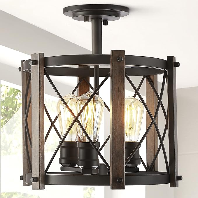 JONATHAN Y 14" Oil Rubbed Bronze/Brown 3-Light Iron Flush Mount, Rustic Farmhouse Diamond-Patterned Basket Ceiling Light for Kitchen Hallway, UL Listed, LED Bulbs Included JYL7502A