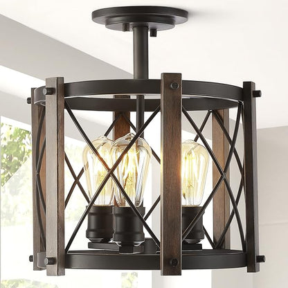 JONATHAN Y 14" Oil Rubbed Bronze/Brown 3-Light Iron Flush Mount, Rustic Farmhouse Diamond-Patterned Basket Ceiling Light for Kitchen Hallway, UL Listed, LED Bulbs Included JYL7502A