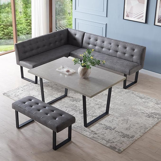 HIPIHOM 3 Piece Dining Table Set with Bench, 42.9 Inch Modern Kitchen Table with Right Seat Corner and 43.3 Inch Bench for Family Dining Room Furniture