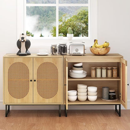 Giantex Rattan Sideboard Buffet Cabinet with Storage, Boho Sideboard with Doors & Adjustable Shelf, Small Accent Buffet Storage Cabinet with Metal Legs for Kitchen, Living Room, Entryway, Natural