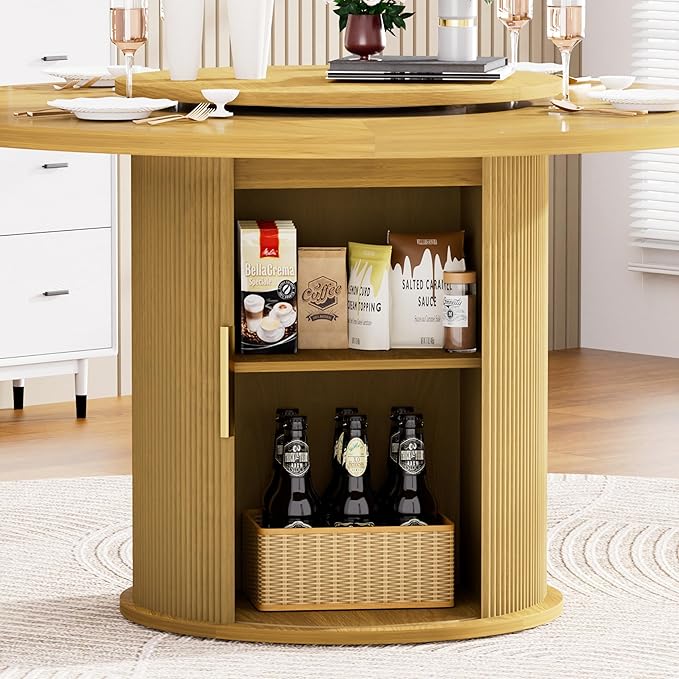 55 inch Round Dining Table for 4-6, Round Wooden Dining Table with Rotating Tabletop Tray & Sliding Door Base, Modern Farmhouse Kitchen Table with 2 Tier Storage Shelf for Kitchen Living Room, Natural
