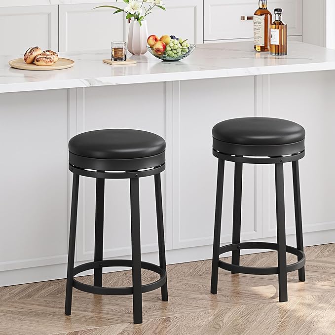 GAOMON 24 inch Swivel Bar Stools Set of 2, Counter Height Barstool with Footrest and PU Leather Upholstery, Metal Frame, Kitchen Barstools for Kitchen Island, Home Bar, Black
