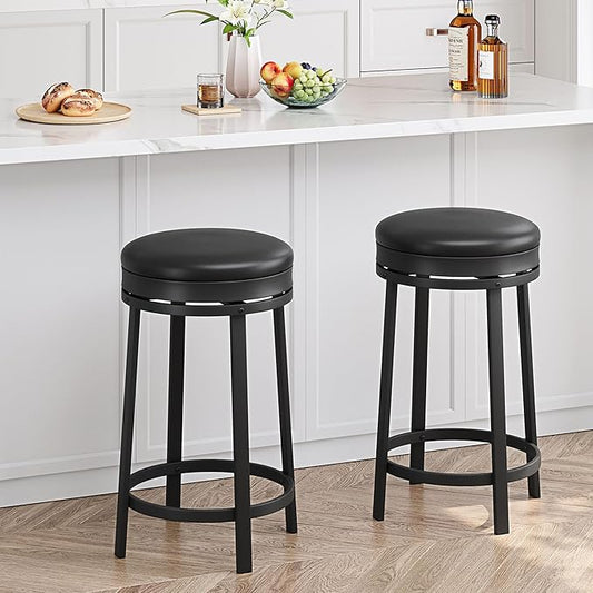 GAOMON 24 inch Swivel Bar Stools Set of 2, Counter Height Barstool with Footrest and PU Leather Upholstery, Metal Frame, Kitchen Barstools for Kitchen Island, Home Bar, Black