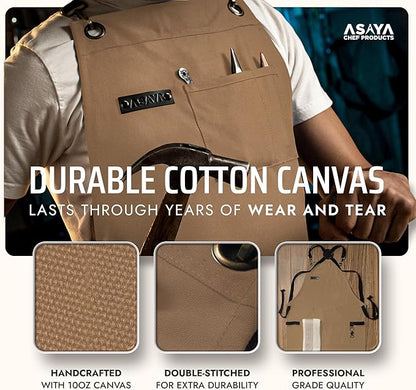 Asaya Chef and BBQ Apron with Bottle Opener and Hand Towel - 10oz Cotton Canvas, Stainless Steel Hardware - Cross Back Straps