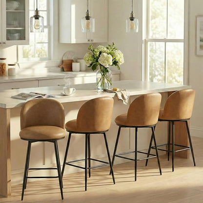 KISLOT Counter Height Swivel Bar Stools Set of 3, 26" Upholstered Faux Leather Barstools with Backs and Metal Legs for Kitchen Island,Brown
