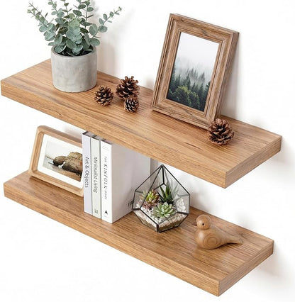 Reclaimed Elm Wood Floating Shelves for Wall, Flat Edge 24"W x 9.2"D x 1.4"H, Set of 2 with Invisible Bracket, Wall Mounted Shelves for Living Room Bedroom Kitchen Bathroom Decor, Natural Finish