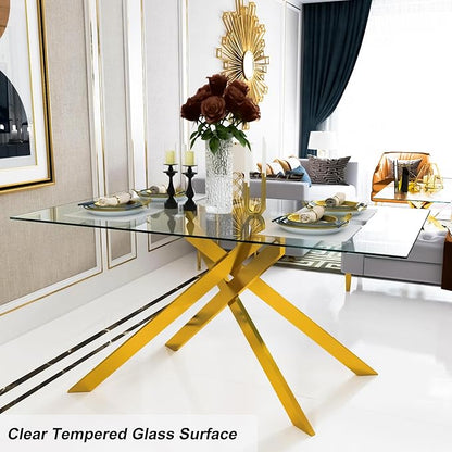 Dining Table with Tempered Glass Top, Modern Glass Dining Room Table Rectangle, Gold Geometric Metal Leg, Kitchen Table 51" L x 29.5" W x 30" H, Gold