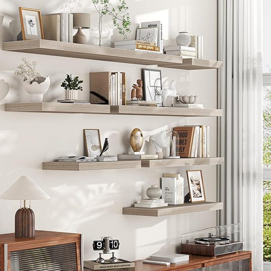 Floating Shelves Set of 2, 12 Inch Deep Floating Shelves with Heavy Duty Brackets, 20'' Rustic Wood Wall Mounted Shelf for Bathroom, Bedroom, Living Room & Kitchen, Modern Home Decor Storage, Gray