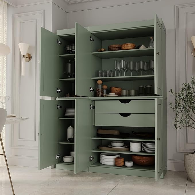 Palace Imports Solid Wood Kitchen Pantry Cabinet - 71.5" Tall x 48.5" Wide - Freestanding Storage Pantry w/ 2-Drawer Kit & Adjustable Shelves - Sage, Renewable Eco-Friendly 100% Wood, Made in Brazil