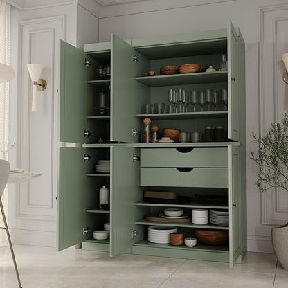 Palace Imports Solid Wood Kitchen Pantry Cabinet - 71.5" Tall x 48.5" Wide - Freestanding Storage Pantry w/ 2-Drawer Kit & Adjustable Shelves - Sage, Renewable Eco-Friendly 100% Wood, Made in Brazil