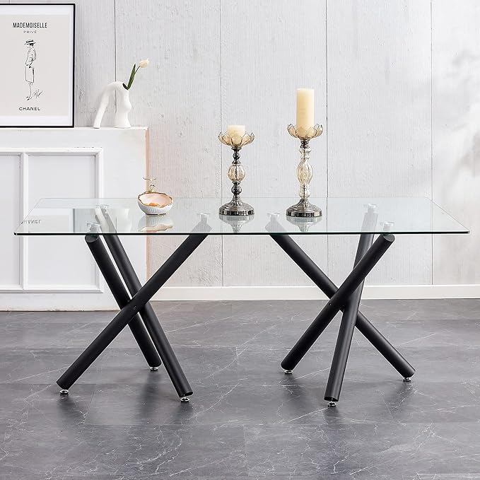 71” Rectangle Dining Table, Large Modern Dining Table for 6–8 People with 0.4" Thickened Tempered Glass Top, Glass Kitchen Table with Black Metal Legs for Dining Room