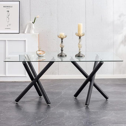 71” Rectangle Dining Table, Large Modern Dining Table for 6–8 People with 0.4" Thickened Tempered Glass Top, Glass Kitchen Table with Black Metal Legs for Dining Room