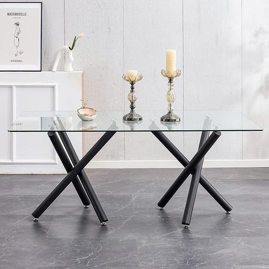 71” Rectangle Dining Table, Large Modern Dining Table for 6–8 People with 0.4" Thickened Tempered Glass Top, Glass Kitchen Table with Black Metal Legs for Dining Room