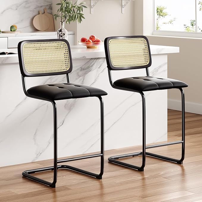 Modern Dining Chair, Upholstered PU Leather Kitchen Table and Chairs with Rattan Back, 26 Inch Armless Bar Stools for Kitchen Island, Mid-Century Sturdy Stable Furniture,Natural-2PC