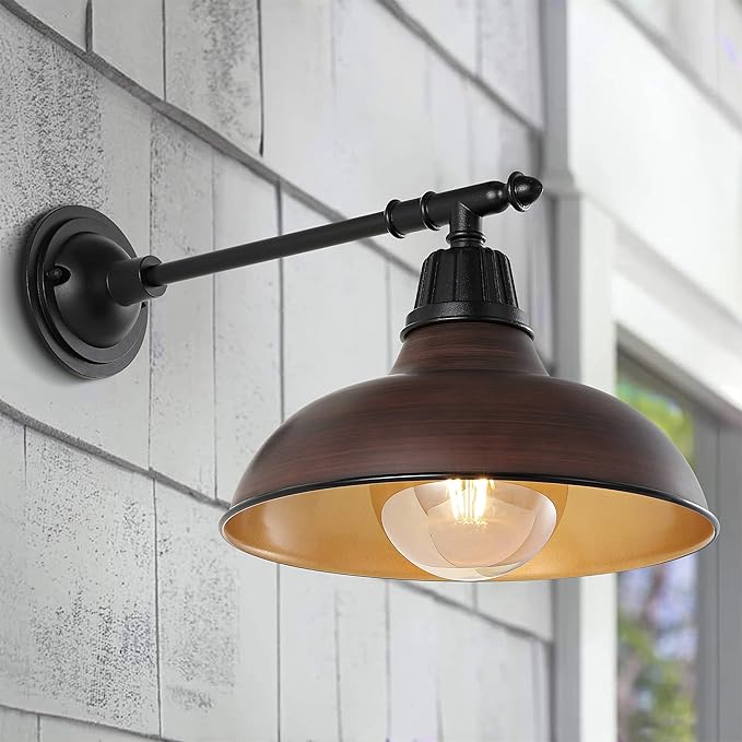 JONATHAN Y 12.25" 1-Light Wood Finish/Copper Industrial Farmhouse Outdoor Sconce, Iron Wall Light with LED Bulb, Metal Bowl Shade, Vintage Porch Lamp for Entryway Patio Kitchen (JYL7615G)