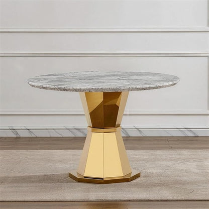 47" Round Marble Dining Table for 4-6, Luxury Modern Kitchen Table with Marble Grain MDF Tabletop & Gold Mirrored Stainless Steel Pedestal Base, Grey Stone Dinner Table for Dining Room (Table Only)