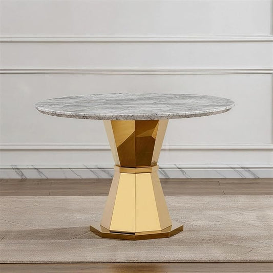 47" Round Marble Dining Table for 4-6, Luxury Modern Kitchen Table with Marble Grain MDF Tabletop & Gold Mirrored Stainless Steel Pedestal Base, Grey Stone Dinner Table for Dining Room (Table Only)