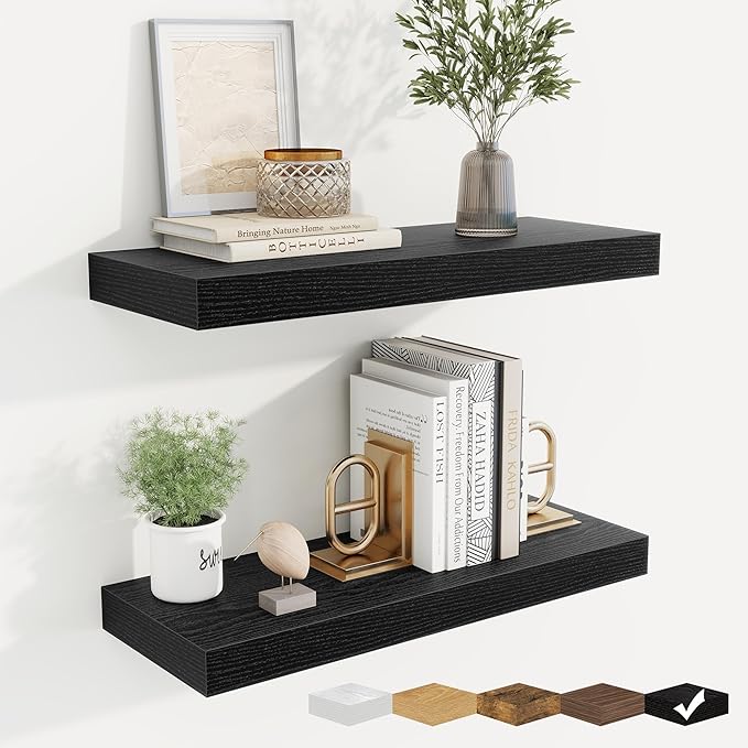 fuqing Floating Shelves for Wall, Wall Mounted Wood Floating Shelf with Invisible Brackets for Living Room, Bathroom, Bedroom, Kitchen Storage and Decor, 20 Inch Set of 2, Black
