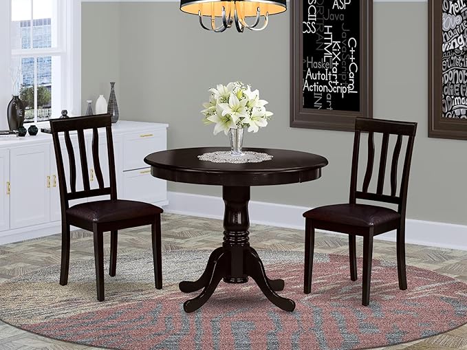 East West Furniture ANTI3-CAP-LC 3 Piece Kitchen Table & Chairs Set Contains a Round Dining Room Table with Pedestal and 2 Faux Leather Dining Room Chairs, 36x36 Inch, Cappuccino
