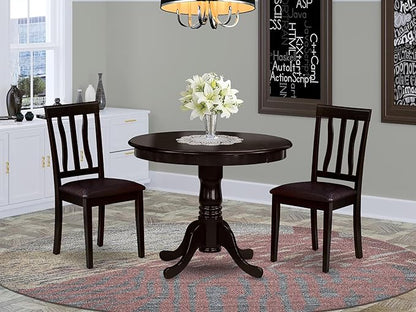 East West Furniture ANTI3-CAP-LC 3 Piece Kitchen Table & Chairs Set Contains a Round Dining Room Table with Pedestal and 2 Faux Leather Dining Room Chairs, 36x36 Inch, Cappuccino
