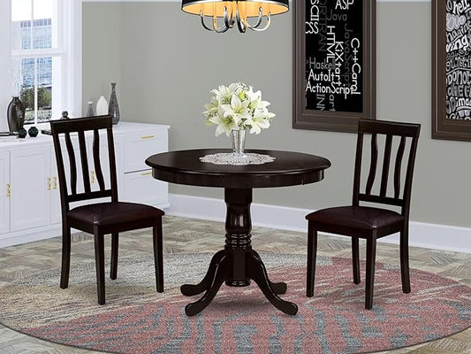 East West Furniture ANTI3-CAP-LC 3 Piece Kitchen Table & Chairs Set Contains a Round Dining Room Table with Pedestal and 2 Faux Leather Dining Room Chairs, 36x36 Inch, Cappuccino