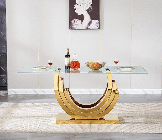 70" Luxury Glass Dining Table for 4 to 6 People, Modern Dining Room Table, Tempered Glass Top & Mirrored Finish Stainless Steel Pedestal, Large Rectangle Kitchen Dining Table Long Dinner Table, Gold