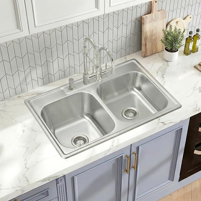Rhbamoa 33''x22'' Drop In Kitchen Sink,T304 Stainless Steel Sink,50/50 Double Bowl Kitchen Sinks 33 Inch,10'' & 7'' Deep Top Mount Double sinks with 3 Faucet Holes