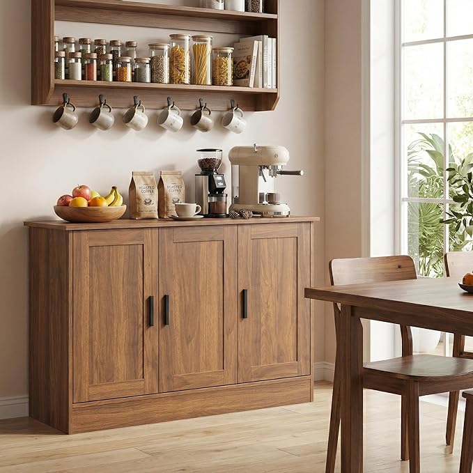 Anystyle 43" Rustic Brown Buffet Cabinet with Black Handles, Small Kitchen Sideboard with 3 Doors & Adjustable Shelves, Industrial Entryway Credenza & TV Console Table for Living Room, Dining Room