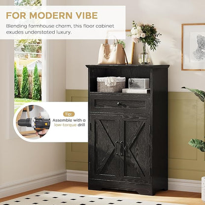 Floor Cabinet, Farmhouse Storage Cabinet with Barn Doors and Drawer, Freestanding Adjustable Shelf Organizer for Bathroom, Kitchen, Living Room Black