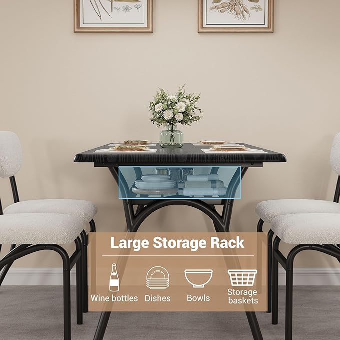 GarveeHome 5-Piece Dining Table Set for 4, Modern Kitchen Table with 4 Boucle Chairs, Rectangular Dining Table with Storage Shelf & Marble Tabletop, Beige Home Dining Furniture for Small Space