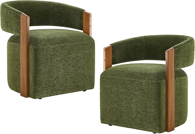 KISLOT Upholstered Dining Chairs with Casters, Modern Barrel Side Armchair with Rollers & Wooden Armrest for Dining Room, Bedroom, Kitchen, Reading Room, Green, Set of 2