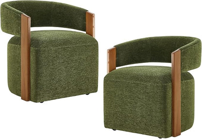 KISLOT Upholstered Dining Chairs with Casters, Modern Barrel Side Armchair with Rollers & Wooden Armrest for Dining Room, Bedroom, Kitchen, Reading Room, Green, Set of 2