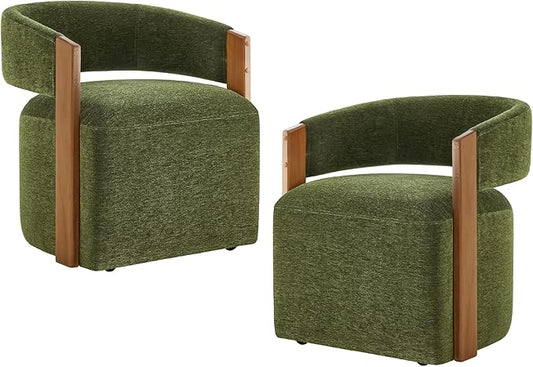 KISLOT Upholstered Dining Chairs with Casters, Modern Barrel Side Armchair with Rollers & Wooden Armrest for Dining Room, Bedroom, Kitchen, Reading Room, Green, Set of 2