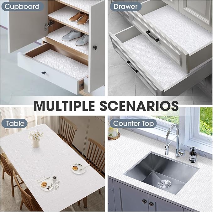 Drawer and Shelf Liner, Non-Slip Kitchen Cabinet Liners Non-Adhesive Thick Strong Grip Waterproof Washable Mats Protect Dresser Shelves Cupboard Bathroom Cabinets, White, 12 in X 30 FT