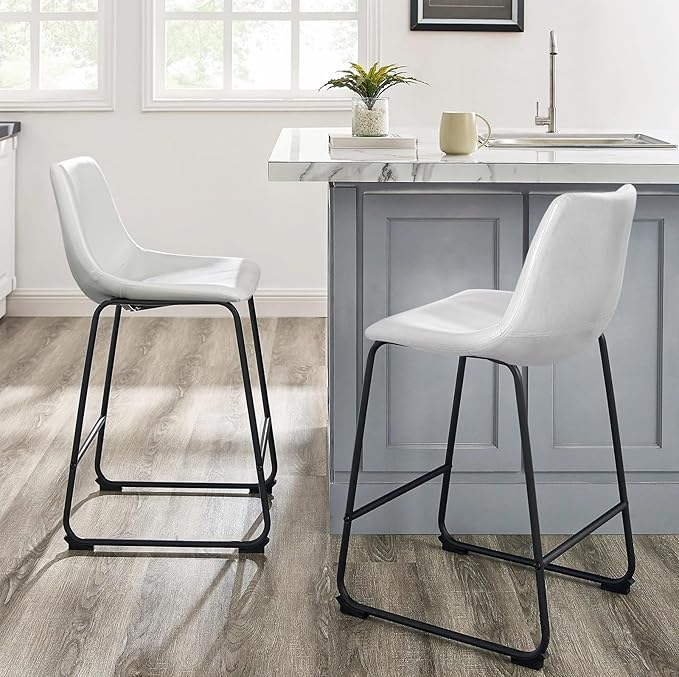 LEMBERI 26 inch Bar Stools Set of 2, Modern Counter Height Bar Stools, Faux Leather Barstool with Back and Metal Leg, Armless Bar Chairs for Kitchen Island (White, 2pcs 26")