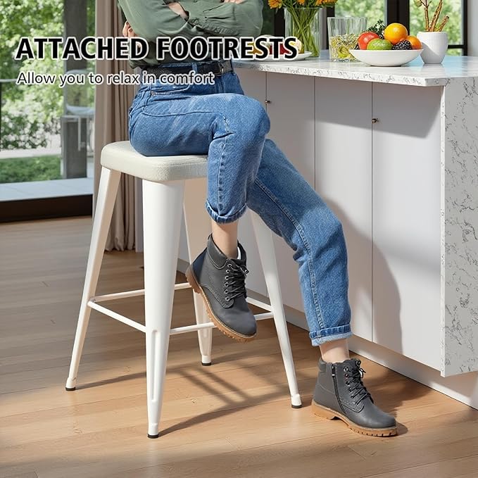 Backless Bar Stools Set of 2, Upholstered Faux Leather Counter Height Stools with Sturdy Metal Legs, 26 Inch Barstools for Kitchen Island (White)