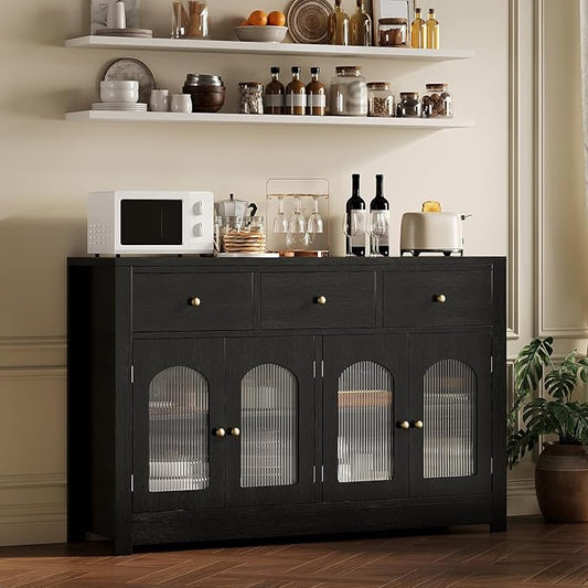 Garvee 55" Buffet Cabinet with Storage, Modern Sideboard with Arched Acrylic Fluted Doors & 3 Drawers, Coffee Bar Cabinet with Adjustable Shelves for Dining Room, Living Room, Kitchen, Black