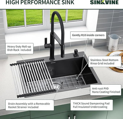 18-Inch Black Bar Sink Drop-In, SINKVINE PVD Nano Stainless Steel Kitchen Sink for Laundry, Outdoor, RV, Top Mount Deep Single Bowl Sink w/Drain Strainer, Bottom Grid, Roll-up Drying Unit, Dark Gray