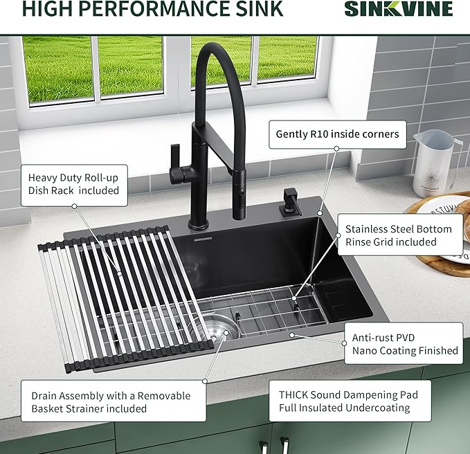 Drop-In Deep Laundry Sink 25 x 22 inch Black, SINKVINE Single Bowl Nano Stainless Steel Kitchen Sink for Outdoor and Indoor Top Mount, with Drain Strainer, Bottom Grid, Roll-up Drying Unit, Dark Gray