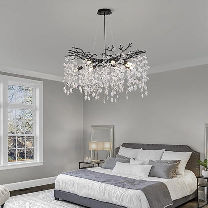 Crystal Tree Branches Chandeliers Luxury Round Hanging Pendant Light 10 Lights for Dining Room Bedroom Living Room Entryway 30.5" Black