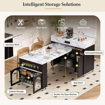 Extendable Dining Table with Rolling Kitchen Island, 54.1" Folding Top, Storage Cabinet, Drawers, Power Outlet, USB Ports, Brake Lock Wheels, 4-5 People, 110 LBS Capacity, Black